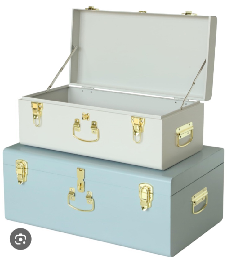 Vixdonos Decorative Large Metal Box Storage Trunk Chest Set of 2 College Dorm Organizer with Hardware Hasps and Handle for Home Deocr,23.7X14.2X9.5 Inches white and bluish grey