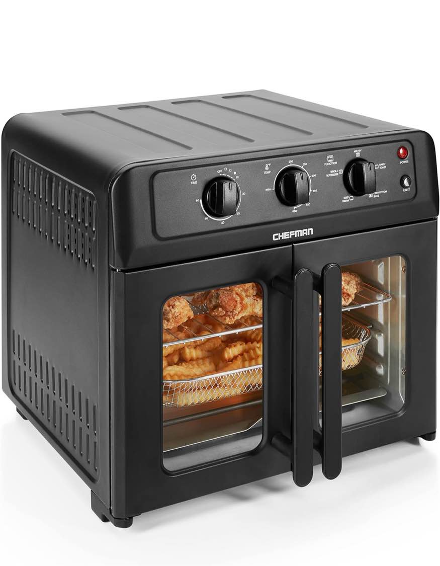 Chefman Extra Large Air Fryer and Convection Oven with French Doors and Rotisserie Spit, The Easiest Way to Cook Oil-Free, Double Wide Glass Windows Open for Convenient Access and Viewing, 24.5 Liters