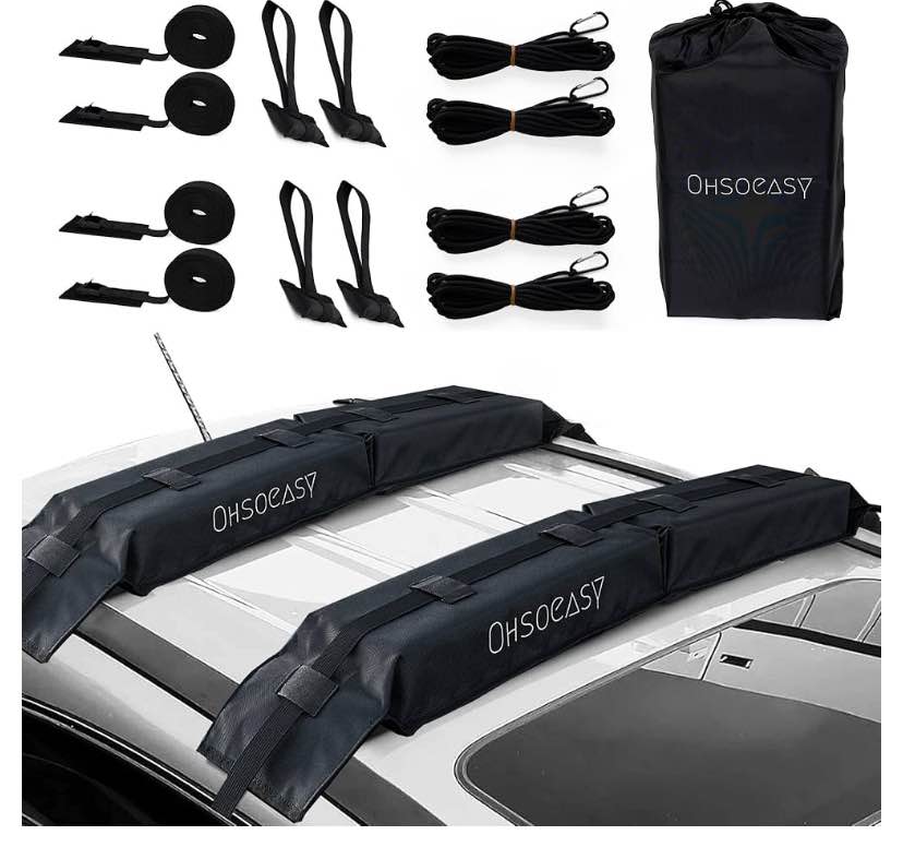 Ohsoeasy Universal Soft Roof Rack Pads Carrier System for Luggage Sup Surfboard Kayak Canoe Snowboard Ski, Cars SUV Pickup Truck with/Without Rails, Folding Foam Blocks,4 Tie Down Straps,Storage Bag