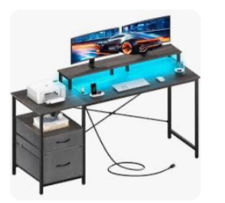 Yoobure Computer Desk, Gaming Desk with LED Lights & Power Outlets, Office Desk with Fabric File Cabinets, 55.1" Gaming Table with Long Monitor Stand, PC Gamer Desk with Drawers for Home Office, Grey