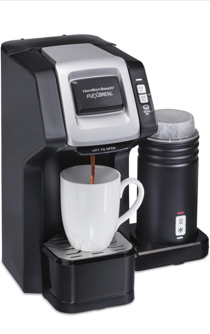 Hamilton Beach FlexBrew Single-Serve Coffee Maker with Milk Frother Compatible with K-Cup Pods and Grounds, Black (49949)