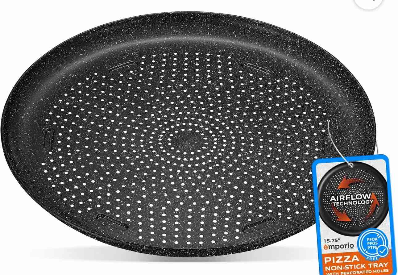 Emporio Kitchen Pizza Baking Pan - 15.75-Inch Round Perforated Carbon Steel Tray with Non-Stick Gray Marble Coating, Airflow Design, Dishwasher & Oven Safe (Up to 450°F), Gray