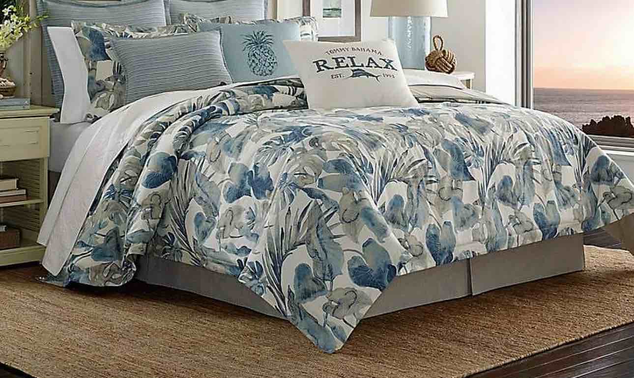 Tommy Bahama - California King Comforter Set, Cotton Reversible Bedding with Matching Shams & Bedskirt, All Season Home Decor (Raw Coast Blue, California King) California King 4pc White/Blue/Grey