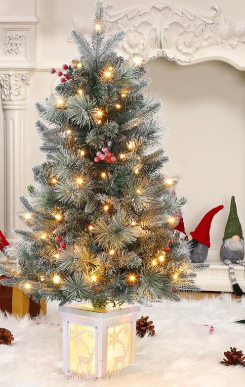 GARVEE 3 Ft Prelit Premium Snow Flocked Artificial Christmas Tree with 8 Mode Warm White Led, Mini Prelit Xmas Pine Tree for Christmas Decoration,Yard,Home,Office,Outdoor,Indoor