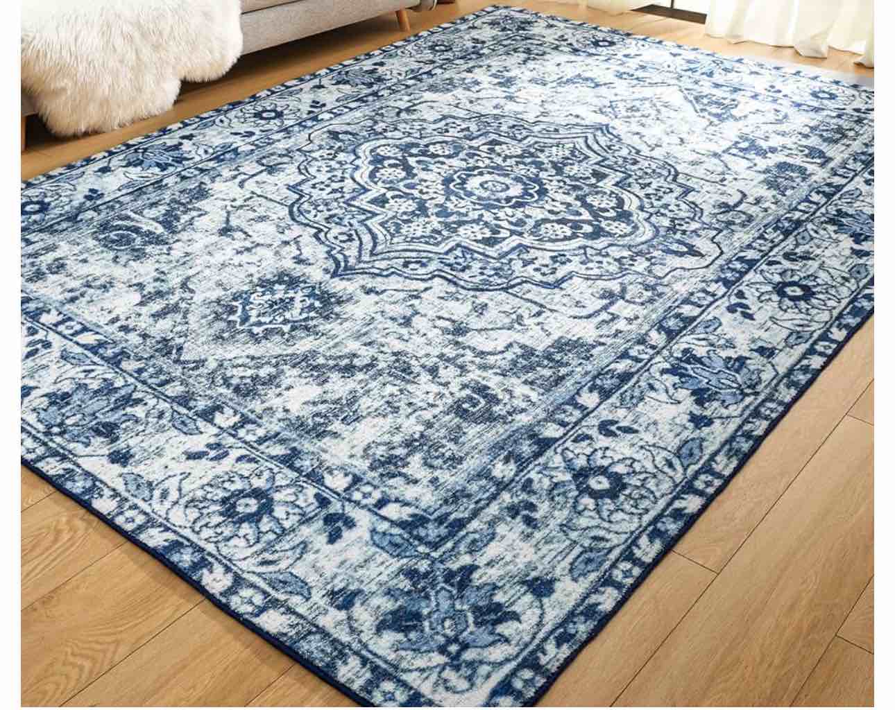 Comeet Vintage Washable Area Rug - 4x6 Soft Low-Pile Floor Carpet for Living Bedroom Rug, Non-Slip Non-Shedding Floral Print Indoor Accent Rugs for Dining Room Office Home Decor, Updated Blue
