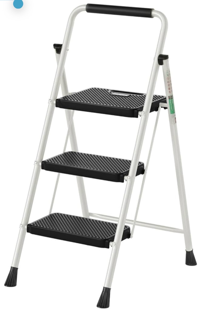 3 Step Ladder, RIKADE Folding Step Stool, Step Stool with Wide Anti-Slip Pedal, Lightweight, Portable Folding Step Ladder with Handgrip, Multi-use Steel Ladder for Household and Office