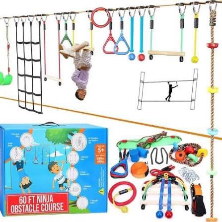 Hyponix Ninja Obstacle Course for Kids - 2 x 60 ft Slacklines with 13 Weatherproof Obstacles - Monkey Net, Ratchet-Tight Tech, Supports 880 lbs - Climbing & Swinging Backyard Fun
