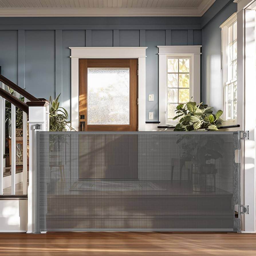 Cumbor Retractable Dog Gate - Wide Pet & Stair Fence for The House, 33" Tall, Extends to 76", Extra Long Mesh Puppy Safety Gate for Stairs, Doorways & Hallways, Porch, Cat Gate Indoor/Outdoor (Gray)