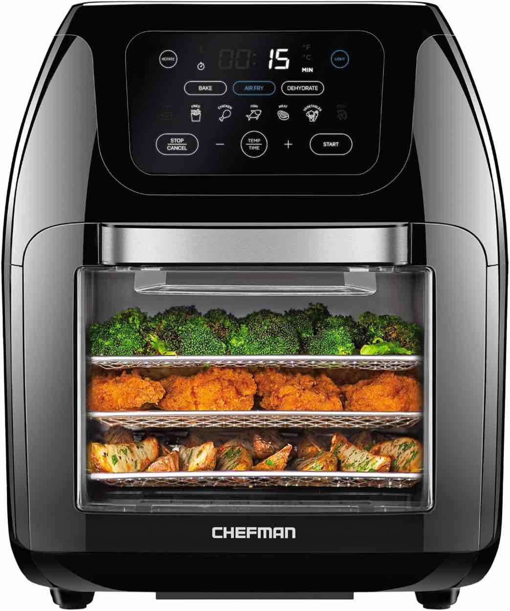 CHEFMAN Multifunctional Digital Air Fryer+ Rotisserie, Dehydrator, Convection Oven, 17 Touch Screen Presets Fry, Roast, Dehydrate, Bake, XL 10L Family Size, Auto Shutoff, Large Easy-View Window, Black