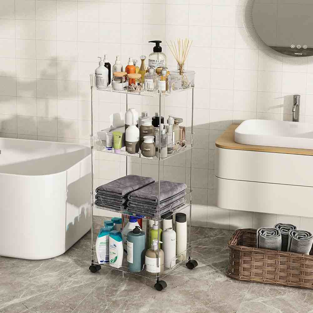 Nafenai 4 Tier Rolling Storage Cart, Clear Bathroom Cart Organizer, Laundry Room Organization Mobile Shelving Unit, Rolling Utility Cart with Wheels for Kitchen, Living Room, Narrow Spaces - White