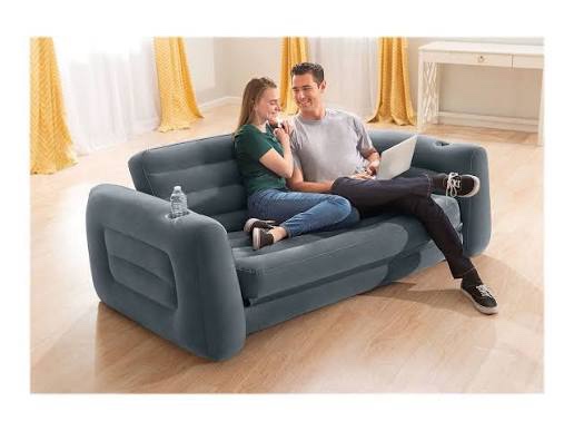 Intex Inflatable Pull-Out Sofa: Velvety Surface, 2-in-1 Valve, Cupholder, 46" x 88" x 26" - Blow-Up Couch and Folding Queen Size Air Mattress Bed