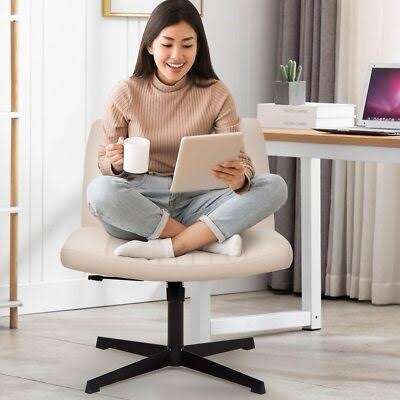 Criss Cross Desk Chair, Armless Office Chairs No Wheels, Cross Legged Chair with Wide Seat, Height Adjustable, Office Chair for Home/Office/Make Up/Bed Room - Beige