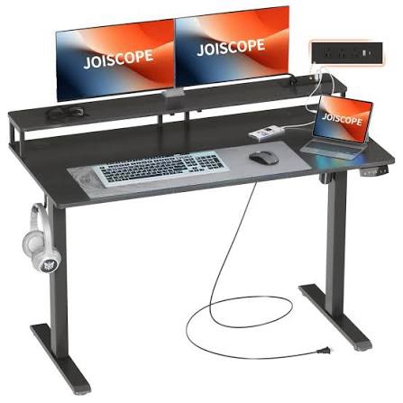 JOISCOPE 48 x 24 inch Adjustable Electric Standing Desk (3AC, USB, Type-C) with Monitor Shelf, 2 Memory Heights, Gaming Study Drafting 25 mm/s Sit Stand Desk for Home Office Bedroom,Black