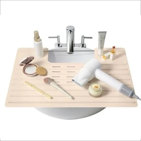 bathroom foldable sink cover for counter space - sink topper - heat resistant silicone mat & over sink makeup mat - small bathroom space creation - bathroom space saver sink cover for makeup (taupe)