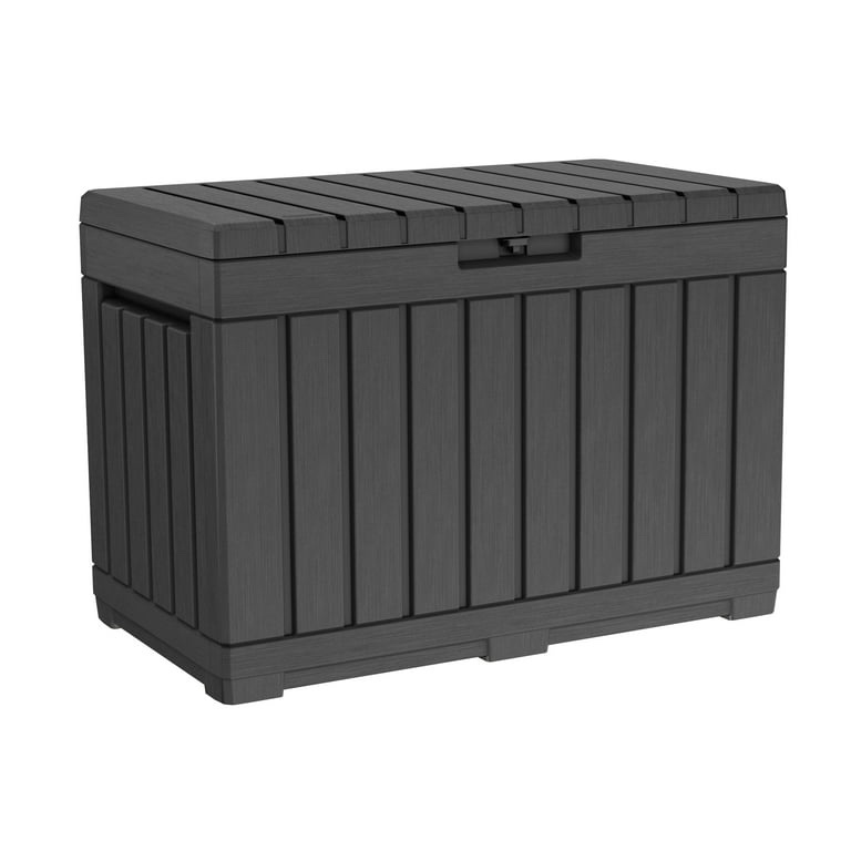 Condition photo showing New/Like New for Keter Kentwood 50 Gallon Durable Weatherproof Resin Deck Box Organization and Storage for Outdoor Patio and Lawn  Graphite