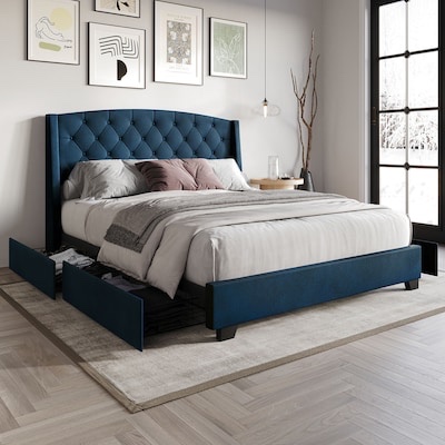 ChaletPosh Navy Blue King Wood Platform Bed with Storage