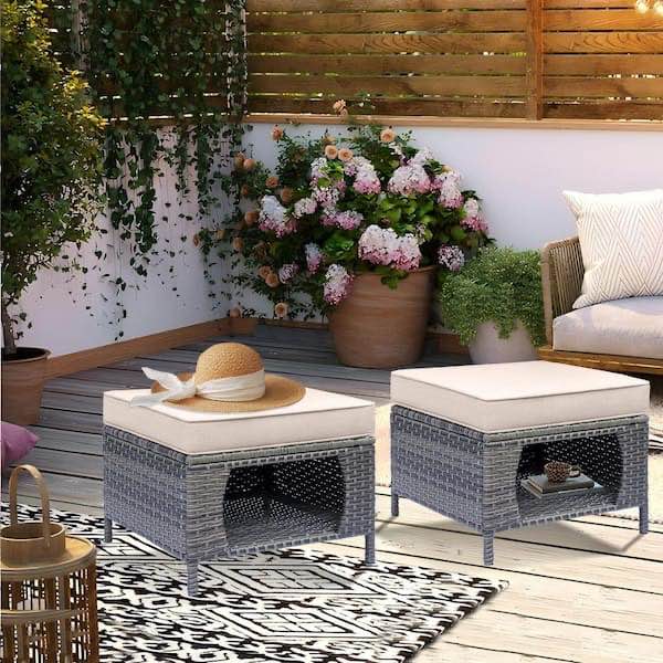 DWIOM Gray Wicker Outdoor Patio Ottoman with Storage Space Beige Cushions (Set of 2)