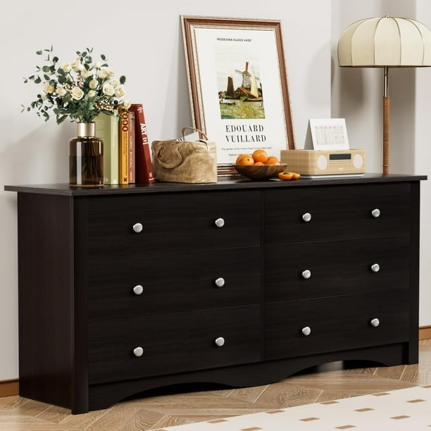 Furmax 6 Drawer Double Dresser, Wide Wood Chest Of Drawers Storage Tower Storage for Living Room Bedroom,Brown