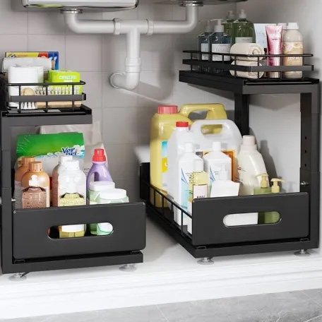 biboraya 2 pack 18 in depth under sink organizer with smooth ball bearing slides,2-tier pull out cabinet storage,slide out drawers for bathroom&kitchen,rust-resistant coating,height adjustable-black