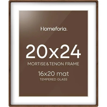 homeforia 20x24 frame brown wood, high end dark oak 20 x 24 wooden picture frame with mat 16 x 20 for wall or tabletop, 24x20 walnut frames matted to 16x20 inch art, tempered glass, wall kit, set of 1
