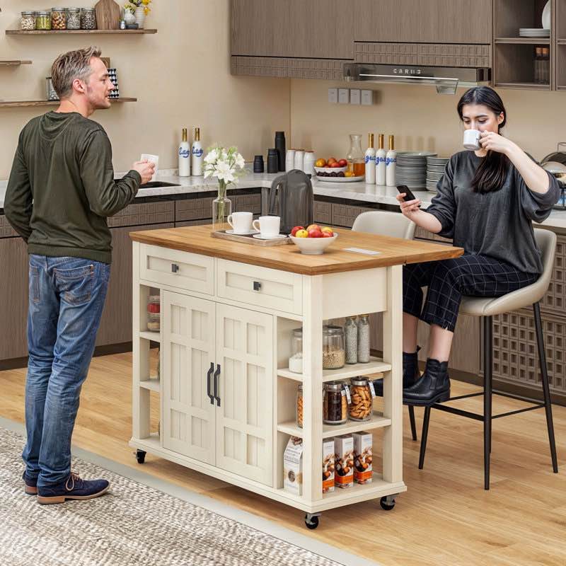 Brianny Rolling Kitchen Cart Island with Foldable Tabletop 2 Drawers and Power Outlet