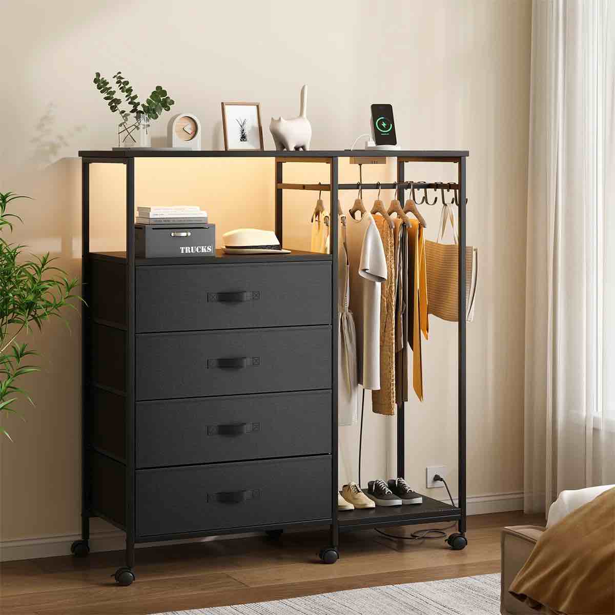 4-drawer dresser with clothes rack, led lighting & charging station, modern storage cabinet with hanging rod & wheels for bedroom or closet