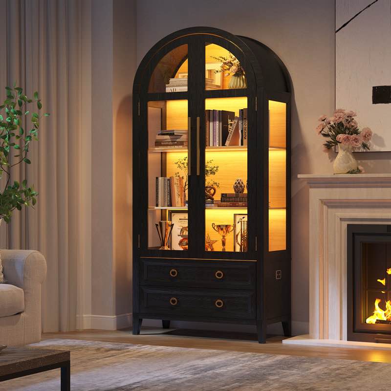 freestanding arch display cabinet with 3-color light modes and motion sensor