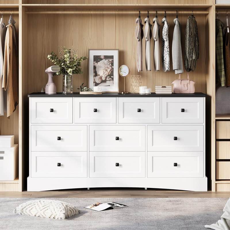 bedroom dresser with 10 drawers, 55.2" long dresser tv stand with charging station, farmhouse dresser chest of drawers, large wood storage tower organizer dresser for bedroom living room