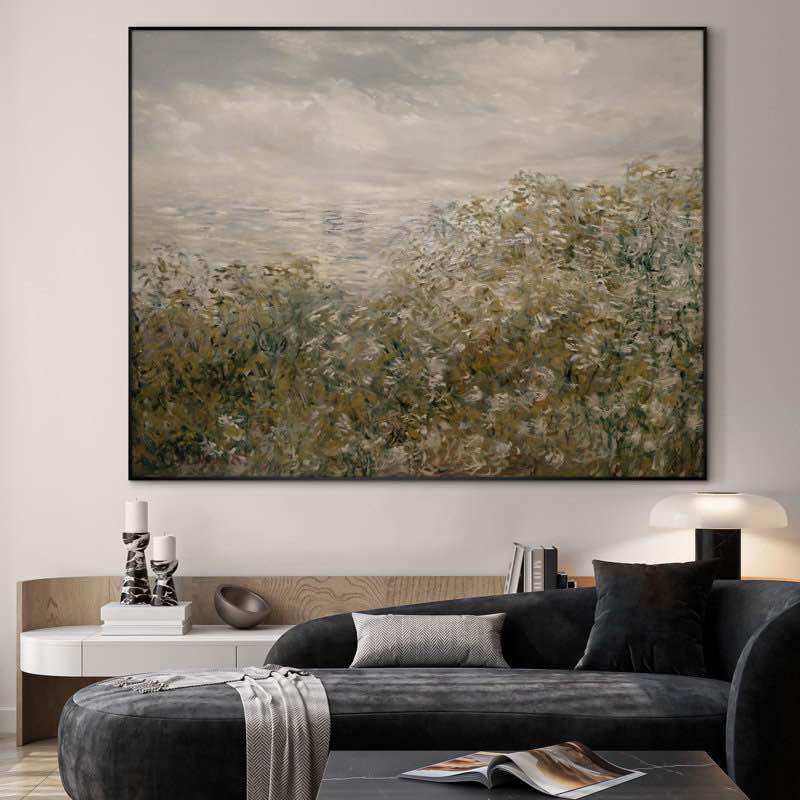 Extra Large Framed Wall Art Impressionist Landscape with Bushes by The Water Print for Home Living Room Bedroom Decor (Frame Assembly Required)
