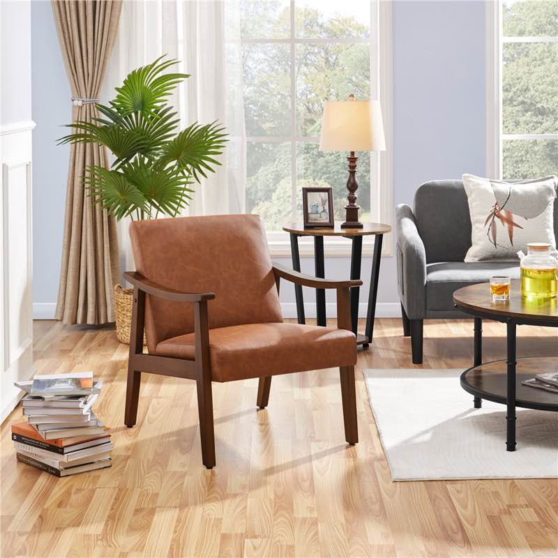 asmat 24.5" w mid-century modern faux leather armchair with solid wood legs