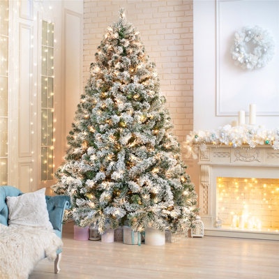 7-7.5 ft pre-lit snow flocked christmas tree with remote, warm white & multi-color lights