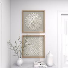 2 Piece Cream Shell Handmade Overlapping Shells Geometric Shadow Box with Canvas Backing Set