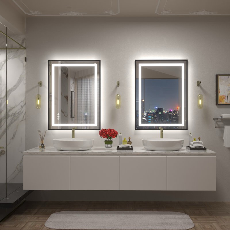aevar ul certified independent controlled front & back led anti-fog tempered glass framed bathroom/vanity mirror with 3-year warranty