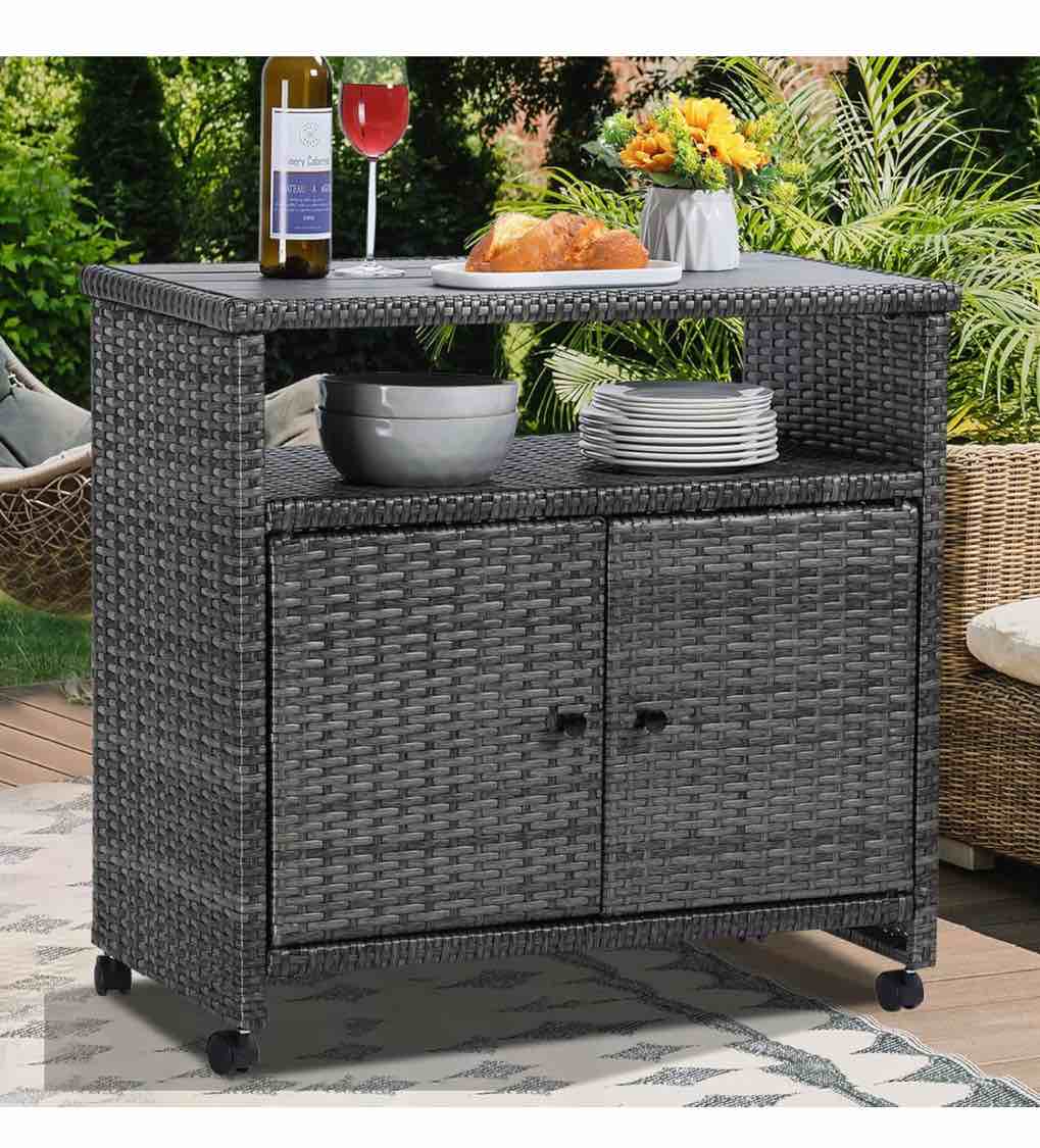 (2) Outdoor Wicker Storage Cabinet - Patio Bar Table with 2 Doors and Shelves, Rolling Wicker Weatherproof Buffet Cabinet for Outdoor & Indoor (BID IS PER PATIO BAR TABLE/ LOT MIS FOR 2 TOTAL.
