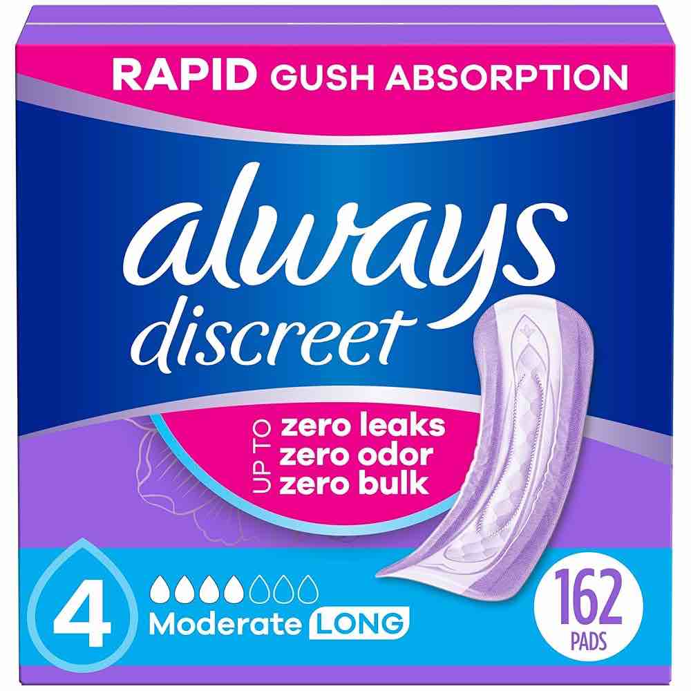 Always Discreet Incontinence Pads  Moderate Absorbency  Long Length  162 CT