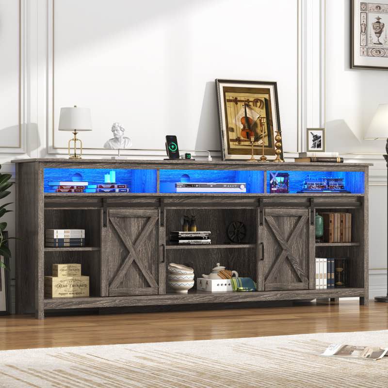 Wooden Farmhouse Entertainment Center For 80/85 Inch Tv,Double Layer Storage Farmhouse Tv Stand,Double-Row Sockets With Wood Sliding Barn Door Tv Stand