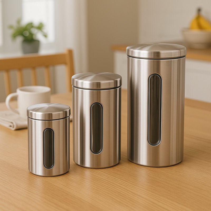 Ebern Designs Set Of 3 Pieces Stainless Steel Canister Kitchen Storage Jar Container Organizer With Clear See Through Window For Food Cookie Flour Sugar Tea Coffee Storage, Brushed Finish