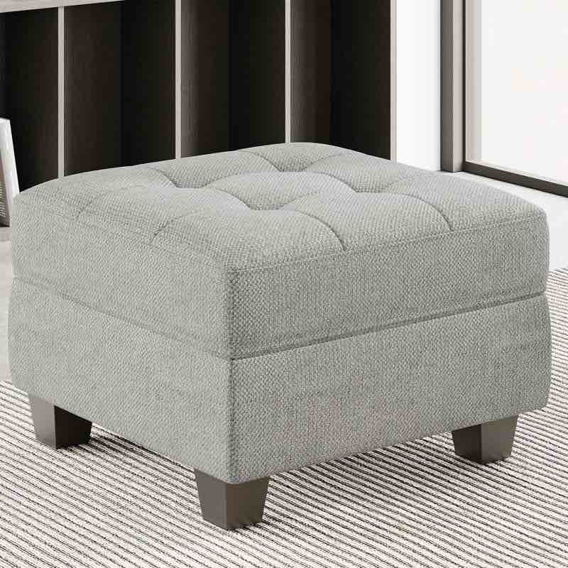 Buckleton Linen & Velvet Upholstered Storage Ottoman, Footstool of Sectional Sofa