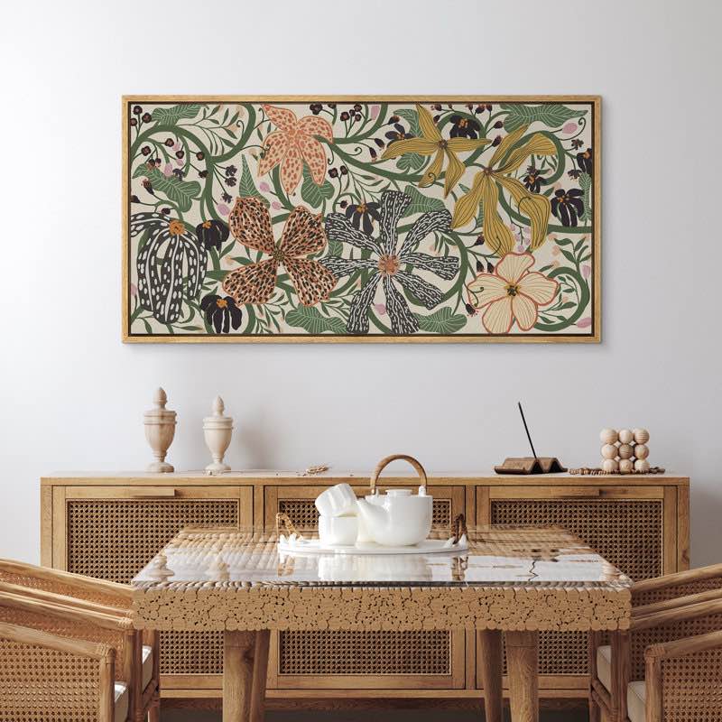Abstract Green Botanical Flower Art Mid Century Modern Boho Wall Art Horizontal Art Decor