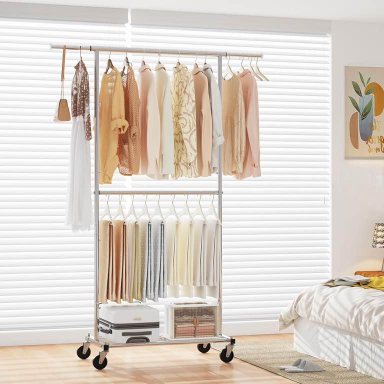 Simple Trending Standard Clothing Garment Rack, Rolling Clothes Organizer with Wheels and Bottom Shelves, Extendable, Chrome