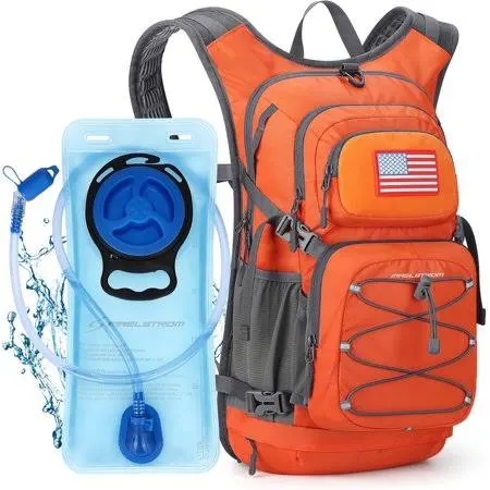 maelstrom hydration hiking backpack with 2l/3l water bladder, high flow bite valve camping daypack lightweight (2.orange, 2l bladder)