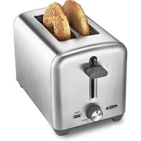 bella stainless steel 2 slice toaster with extra wide slots & removable crumb tray, 6 browning options, auto shut off & reheat function, toast bread, bagel & waffle