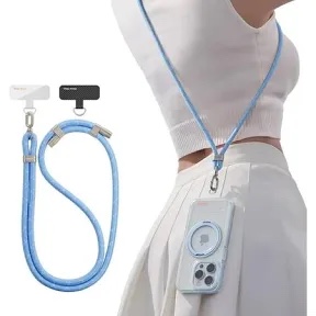 torras phone lanyard crossbody with 2 phone tabs, adjustable anti theft phone strap for phones, premium metal buckles, skin-friendly, universal cell phone neck lanyard for women and men, light blue