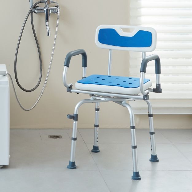 vevor swivel shower chair 360 degree, adjustable shower seat with pivoting arms, non-slip rotating bathtub shower chair, 400lbs capacity, white+blue