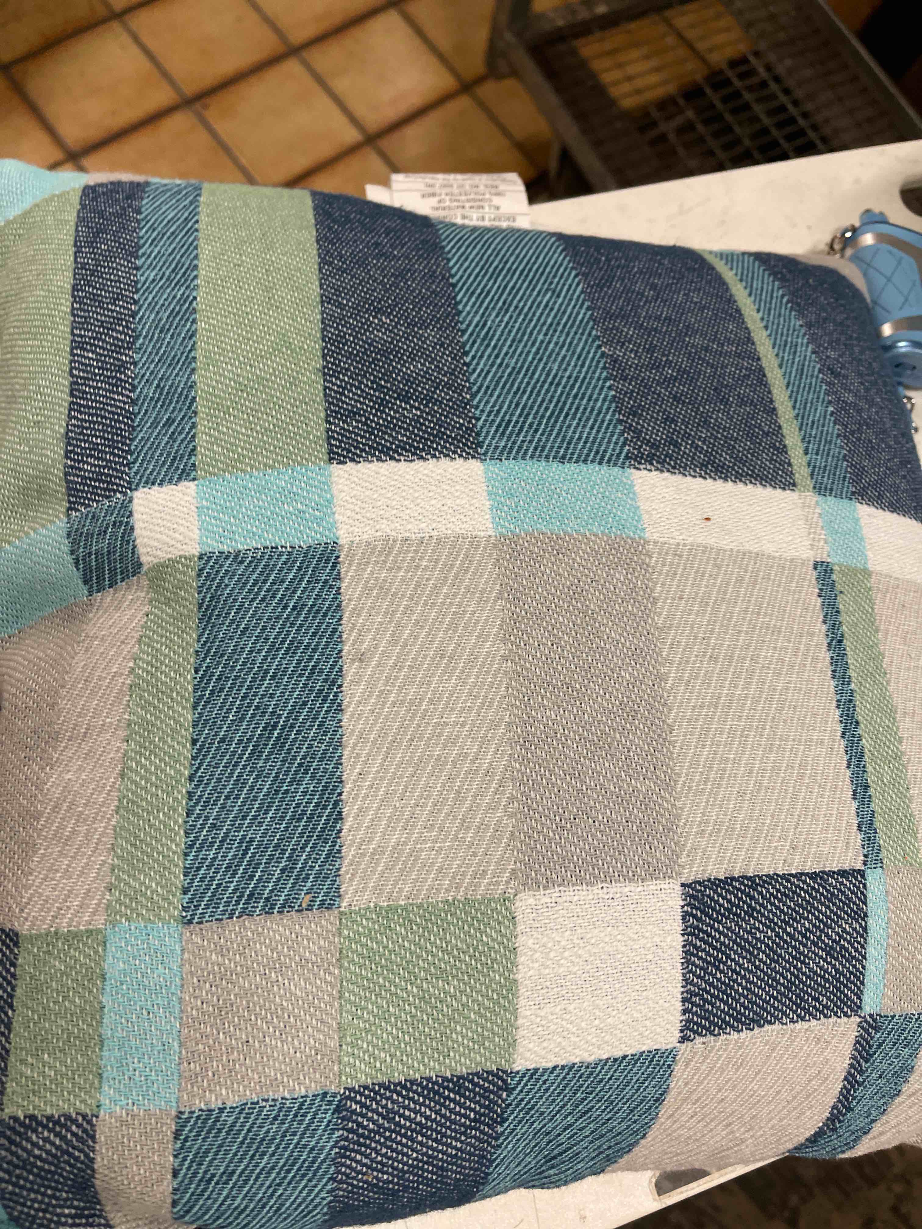 Condition photo showing New/Like New for Square Modern Plaid Woven Cotton Throw Pillow Blue - Room Essentials: Indoor Decorative, Knife Edge, OEKO-TEX Certified