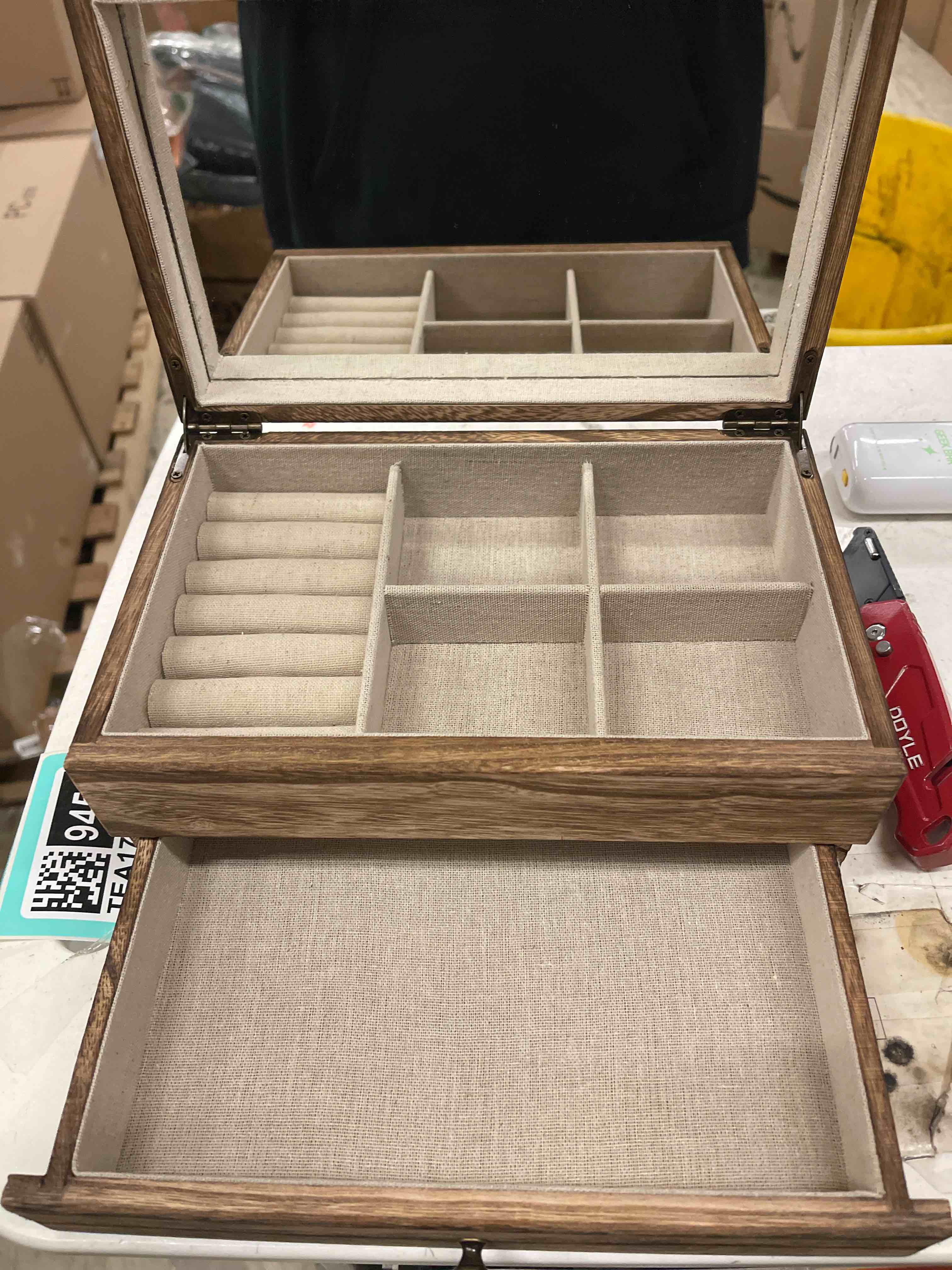 Condition photo showing New/Like New for Meangood Jewelry Box Organizer for Women, 2 Layer Large Jewelry Storage Case, Rustic Wooden Jewelry Box with Mirror & Ring Tray for Necklace Earring Bracelets Rings, Vintage Style (Torched Wood)