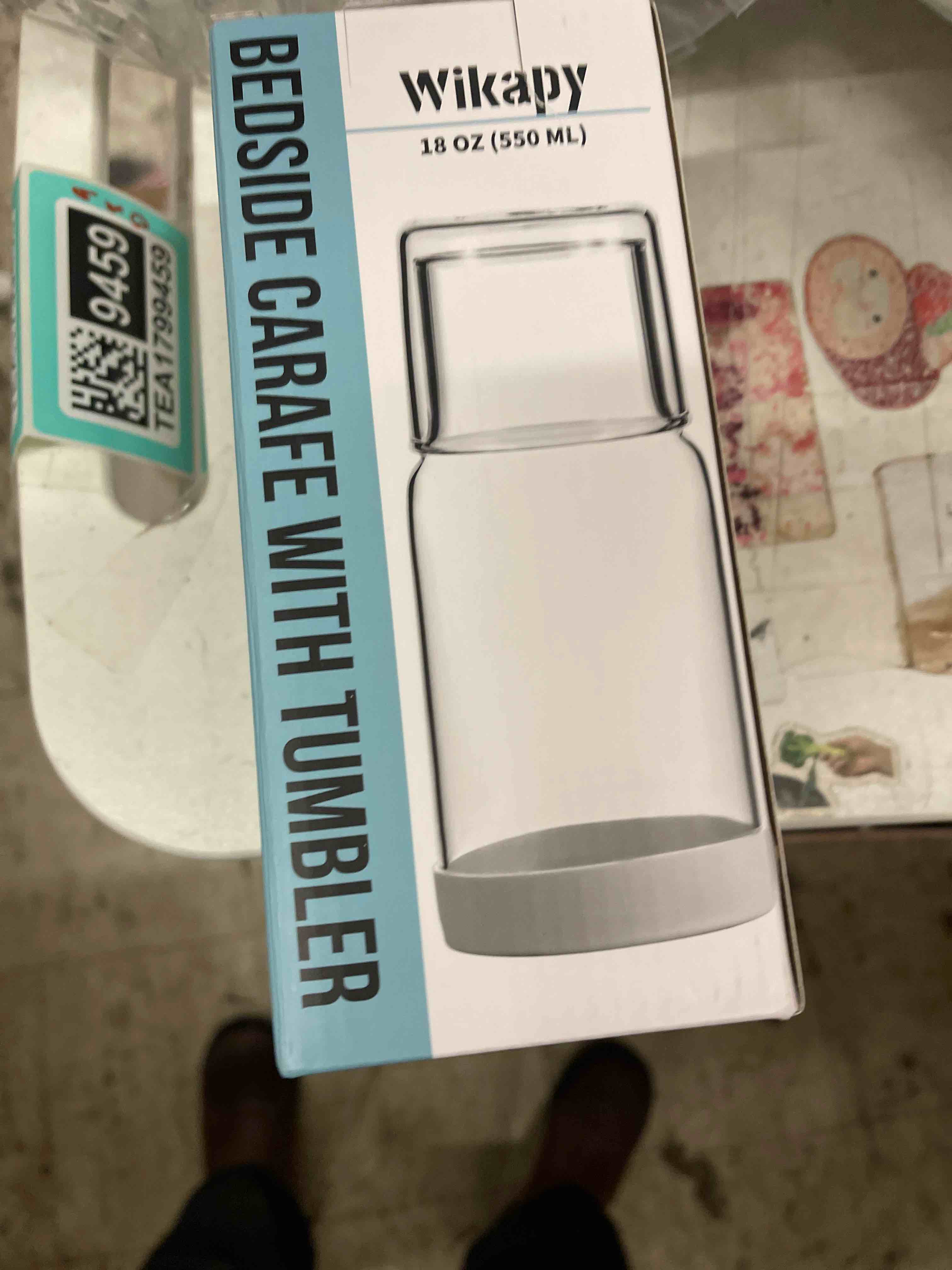 Condition photo showing New/Like New for Wikapy Bedside Water Carafe and Glass Set With Silicone Coaster for Nightstand, Bedroom, 18 OZ Clear Mouthwash Dispenser for Bathroom