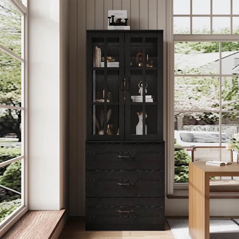 71" H X 23.6" W Kitchen Pantry With Bookcases, Glass Door Kitchen Hutch