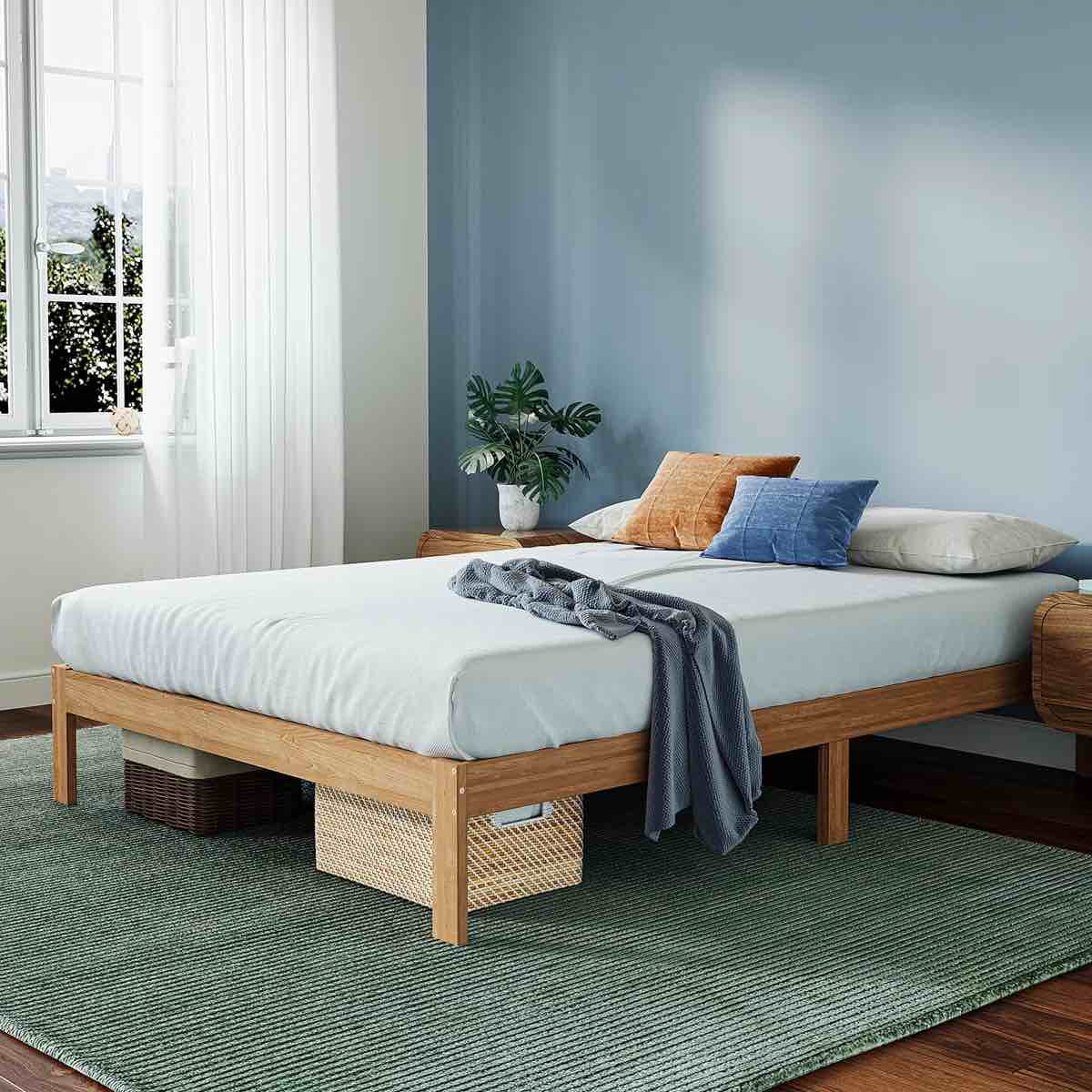 12" solid wood platform bed with wooden slats, no box spring needed full