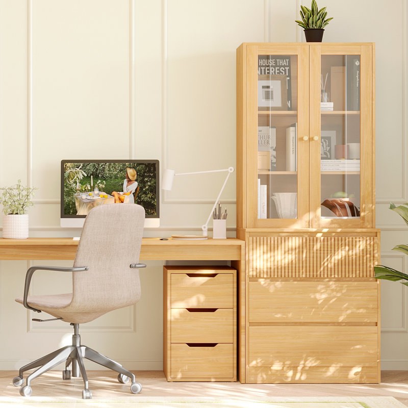 71" Wood Book Cabinet Storage Bookcase With 2 Tempered Glass Doors & 3 Large Drawers